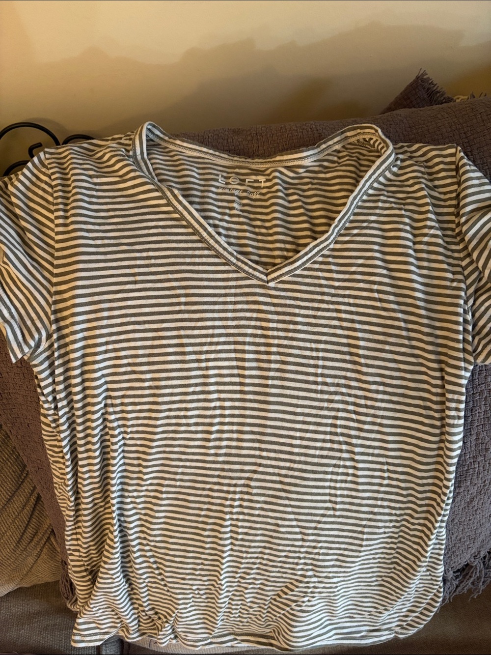 LOFT Striped V-Neck Tee in White and Green